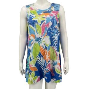 Jess & Jane Top Womens XL Blue Floral Sleeveless Tunic Tropical Beach Summer USA